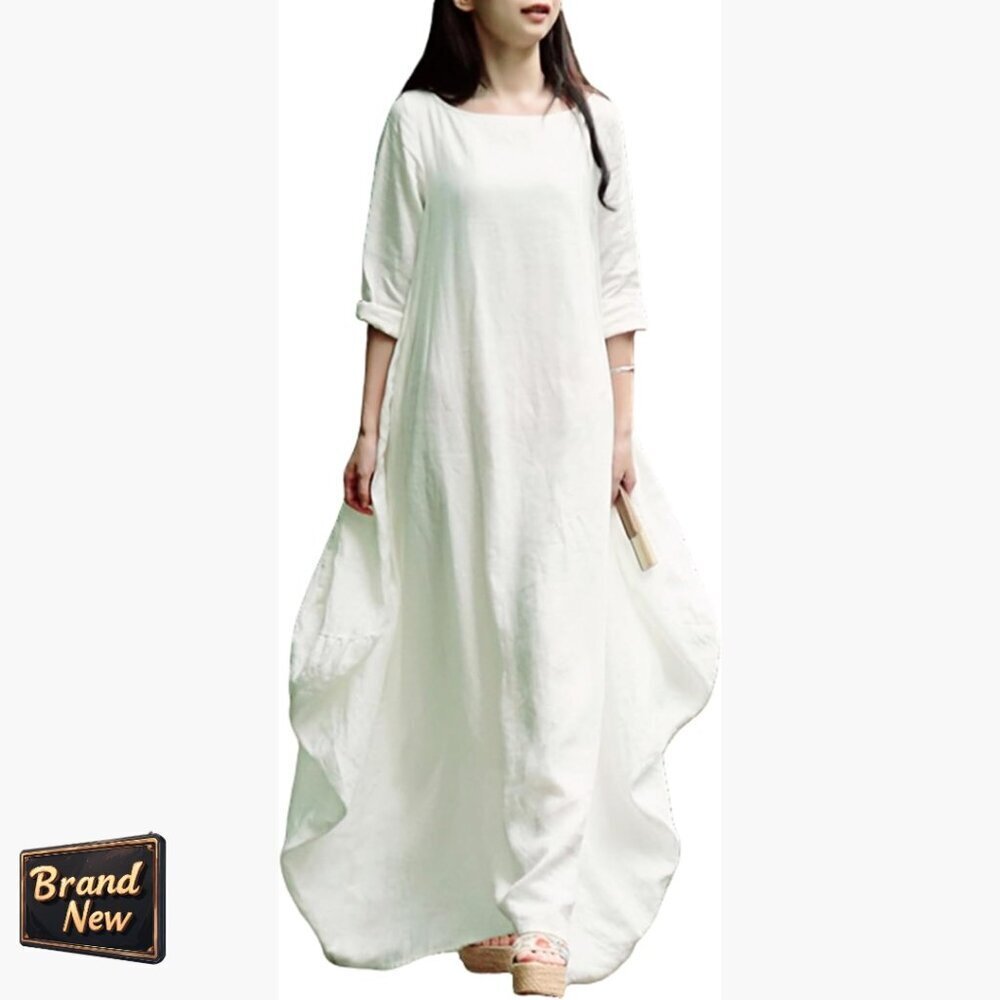 Linen Maxi Dress Long Sleeve Loose Fit Pockets Casual Spring